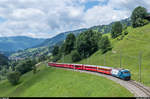 Ge 4/4 III 649 mit Werbung für die Bauunternehmen der zweiten Hinterrheinbrücke in Reichenau am 15. Juli 2017 auf der Davoserlinie kurz vor Saas im Prättigau.