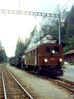 RhB DAMPFZUG mit E-Lok-Vorspann fr RHTIA TOURS 3584 von Samedan nach Davos Platz am 31.08.1996 in Wiesen mit E-Lok Ge 4/6 353 - Dampflok G 4/5 108 - B 2246 - D 4052I - B 2247. 
