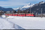 RhB Ge 4/4 II 625 mit RE Disentis - Scuol-Tarasp am 14. Februar 2021 bei der Ausfahrt aus Castrisch.
