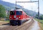 RhB Schnellzug GLACIER-EXPRESS G 903 von St.Moritz nach Zermatt vom 23.05.1998 in Trun mit E-Lok Ge 4/4II 624 - FO B 4266 - FO AS 4027 - BVZ AS 2014 - B 2425 - B 2421 - FO AS 4021 - WR 3815 - A(WR-S)