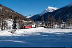 RhB Ge 6/6 II 707  Scuol  ist am 18.12.2020 unterwegs mit GZ 5140 von Pontresina nach Landquart GB und konnte hier am Eingang des Val Bevers bei Schnee aufgenommen werden.