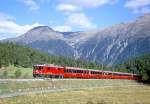 RhB Schnellzug BERNINA-EXPRESS D 500 von Tirano nach Chur am 28.08.1998 im Val Bever mit E-Lok Ge 4/4II 617 - BD 2475 - B 2491 - B 2494 - B 2492 - B 2495 - A 1274 - A 1275.