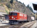 RhB Gterzug 5527 von Landquart nach St.Moritz am 07.09.1994 Einfahrt St.Moritz mit E-Lok Ge 6/6II 701 - Gakv 5401 - Uace 7998 - Uce 8024 - Uce 8023. 