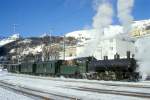 RhB DAMPFZUG fr GRAUBNDEN TOURS 3723 von St.Moritz nach Scuol am 09.02.1997 in St.Moritz mit Dampflok G 4/5 108 - D 4052I - B 2060 - A 1102 - B 2245.
