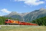 RhB Schnellzug 570 von St.Moritz nach Chur am 28.08.1998 im Val Bever mit E-Lok Ge 4/4 III 648 - B 2350 - A 1270 - A 1283 - B 2393 - B 2353 - B 2380 - D 4209 - Sklv 8410. Hinweis: gescanntes Dia
