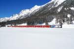 Ge 4/4 III 649 lässt am 11.02.2016 das Val Bever hinter sich und biegt demnächst ins Engadin ein.