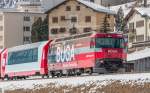 RhB Ge 4/4 III 646  BÜGA  mit dem RE nach Chur, hier zwischen Samedan und Bever.