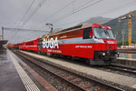Die BÜGA-Werbelok Ge 4/4 III 646  Sta. Maria Val Müstair , hält mit dem RE 1153 (Chur - Filisur - St. Moritz), im Bahnhof Samedan.
Am Zugschluss wurde der GEX 904 aus Zermatt mitgeführt.
Aufgenommen am 21.7.2016. 