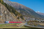 Ge 4/4 III 649 (Werbelok  20 Minuten ) mit einem Albula-RE Chur - St. Moritz am 16. Oktober 2016 zwischen Samedan und Celerina.