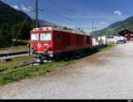 RhB - Gem 4/4 801 abgestellt mit Bahnzug im Bahnhofsareal von Trun am 27.07.2018