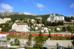RhB - Regionalzug 1657 von St.Moritz nach Tirano am 31.08.2007 in St.Moritz mit Triebwagen ABe 4/4 II 42 + ABe 4/4 II 41 - B 2471 - AB 1541 - B 2311 - B 2313 - B 2452 - A 1274 - B 20697 - B 2095  