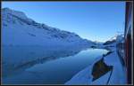 Phantastische Abendstimmung am Lago Bianco auf dem Berninapass, aufgenommen aus dem BerninaExpress 954.