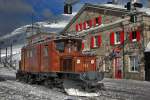 Die legendäre G 4/4 182 (Bernina Krokodil) in der Station Hospizia Bernina.Bild vom 25.1.2015