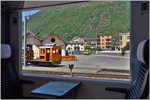 Tm 2/2 22 versieht den Rangierdienst im fahrdrahtlosen Freiverladeteil des Bahnhofs Tirano.(28.06.2016)
