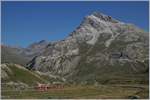 Einsam, inmitten hoher Berge fährt zwischen Bernina Lagalb und Ospizio Bernina ein Bernina Express Richtung Süden.