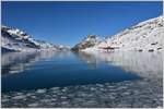 R1644 mit einem Allegra ABe 8/12 am schwarz gefrorenen Lago Bianco bei Ospizio Bernina 2253m. Im Hintergrund der Piz Ot und Piz Albris.(08.12.2016)