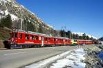 RhB - GRAUBNDEN TOURS Dampfschneeschleuderdienstzug von Ospizio Bernina nach Pontresina am 28.02.1998 oberhalb Montebello mit Triebwagen ABe 4/4 II 49 + ABe 4/4 II 42 - B 2092 - ABe 4/4 I 30 - ABe 4/4 I 34 - Xrot d 9213
