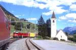 RhB - Regioexpress 1248 von Scuol nach Disentis am 19.08.2008 Einfahrt Lavin mit E-Lok Ge 4/4 II 630 - D 4208 - B 2392 - B 2442 - B 2434 - A 1230 - B 2423 - 2373  