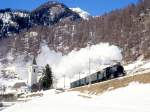 RhB DAMPFZUG fr GRAUBNDEN TOURS 3723 von St.Moritz nach Scuol am 01.02.1998 Ausfahrt Lavin mit Dampflok G 4/5 108 - B 2246 - D 4052I - B 2060 - B 2247.
