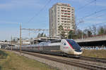 TGV Lyria 4412 fährt Richtung Bahnhof Muttenz. Die Aufnahme stammt vom 25.01.2018.