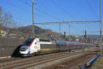 TGV Lyria 4710 durchfährt den Bahnhof Gelterkinden. Die Aufnahme stammt vom 19.01.2019.