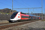 TGV Lyria 4730 durchfährt den Bahnhof Gelterkinden. Die Aufnahme stammt vom 07.02.2020.