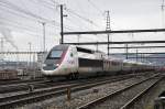TGV Lyria 4410 durchfährt den Bahnhof Muttenz. Die Aufnahme stammt vom 09.01.2015.