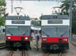 asm BTI - Kreuzung in Nidauder Regios mit den Triebwagen Be 2/6 506 zusammen mit Be 2/6 504 mit dem Triebwagen Be 2/6 501 zusammen mit dem Be 2/6 502 ( Unsichtbar an der Spitze ) am 30.06.2009