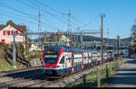 RABe 511 050 und ein weiterer RVD haben am 10. März 2017 als S12 nach Brugg gerade den Bahnhof Winterthur Grüze verlassen.