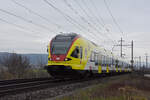 RABe 521 017 mit der Werbung für die Fachhochschule Muttenz, auf der S1, fährt am 16.02.2024 Richtung Bahnhof Pratteln.