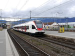 SBB - Triebzug RABe 523 016-9 bei der einfahrt im Bahnhof von Yverdon les Bains am 28.03.2016