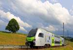 BLS  MUTZ (Serie 515) der S-Bahnlinie Bern - Schwarzenburg: Zug 515 014 hat die Steilrampe von der Schwarzwasserbrücke her erklommen. 10.Juli 2017 