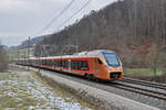 RABe 526 106 Traverso der SOB fährt Richtung Bahnhof Gelterkinden. Die Aufnahme stammt vom 11.01.2021.