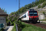 SBB: Regionalzug Neuenburg-Biel mit RBDe 560 (DOMINO) auf dem noch eingleisigen Streckenabschnitt unterwegs zwischen Ligerz und Twann am Auffahrtstag den 5. Mai 2016.
Foto: Walter Ruetsch  