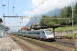 ETR 470 003 am 31.7.2014 als EC 319 nach Milano Centrale bei der Durchfahrt in Amsteg-Silenen. Seit Juni 2014 vekrehren die Euro-City am Gotthard zu anderen Fahrzeiten. Mit dieser Massnahme soll die Pünktlichkeit der EC's erhöht werden. 