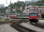 Nachschuss auf die Doppeltraktion RABDe 510, die als S Bahn 16 in Richtung Thanygen fahren. Aufgenommen am 14. August 2008.