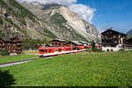 Am 30.09.2023 ist MGB ABDeh 4/10 2014 unterwegs mit BDkt 2233 in Richtung Zermatt und konnte hier bei der Ausfahrt von Randa aufgenommen werden