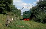 Rasengleise gibt es nicht nur bei Straßenbahnen, sondern auch bei der Anschlussbahn des Kohlekraftwerkes Kolubara (Sommer 2005). Bei der Fahrt durch das Grün schwankte die von Decauville hergestellte 53-017 bedenklich.