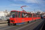Serbien / Straßenbahn Belgrad / Tram Beograd: Tatra KT4YU-M - Wagen 344 sowie Tatra KT4YU-M - Wagen 310 der GSP Belgrad, aufgenommen im Januar 2016 auf der Brücke über die Save in der