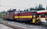 Am 3.6.2003 stand ein Bauzug der elektrischen Tatrabahnen im Bahnhof
Strebske Pleso. Eingereiht war auch diese Diesellok in Meterspur.
Sie trug sowohl die alte als auch neue Loknummer: TU 46001 neu 706951.