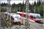 425.955-2 und 425.954-5 im Bahnhof Štrbské Pleso weisen eine leicht unterschiedliche Bemalung auf. (03.06.2014)