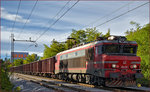 SŽ 363-028 zieht Stahlzug durch Maribor-Tabor Richtung Norden.