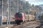 SZ 541 021 bespannt einen Güterzug mit Wagen der CD Cargo im österreichischen Streckenabschnitt. Die Aufnahme entstand am 6.11.2015 am Bahnhof Mürzzuschlag. 