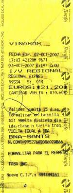 VINARÒS (Valencia/Provinz Castellón), 03.10.2007, Fahrkarte von Vinaròs nach Barcelona und zurück, gelöst am 02.10.2007 am Schalter im Bahnhof Vinaròs -- Fahrkarte eingescannt