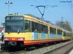 stadtbahn-karlsruhe-hier-nur-die-s-bahnen 17.04.2010: TW 812 mit Werbung vom Europabad Karlsruhe und TW 837 halten in Weingarten (Baden).
