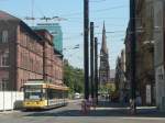 stadtbahn-karlsruhe-hier-nur-die-s-bahnen S2 nach Rheinstetten in der Kaiserstra�e in Karlsruhe am 20.7.2010. Im Hintergrund d�rfte die Bernharduskirche zu sehen sein.