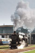 Die ehemalige Sdbahnlokomotive 109.13 fhrt gerade bei der groen Lokparade vor. Im Hintergrund ist die groe Halle des Heizhauses und der Triebwagen 5042.14 zu sehen. (21.04.2013)