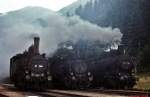 Im August 1975 treffen sich 97.204, 97.209 und 197.301 im Bahnhof Präbichl