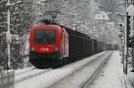 1016 012 vor einem Gterzug kurz vor Pressbaum. Winterlicher Wienerwald, am 31.01.2009.