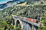 Eine 1293 und eine 1116 überqueren mit einem Autozug die Pfaffenberg-Zwenberg-Brücke bei Penk.
Aufgenommen am 30.6.2019.